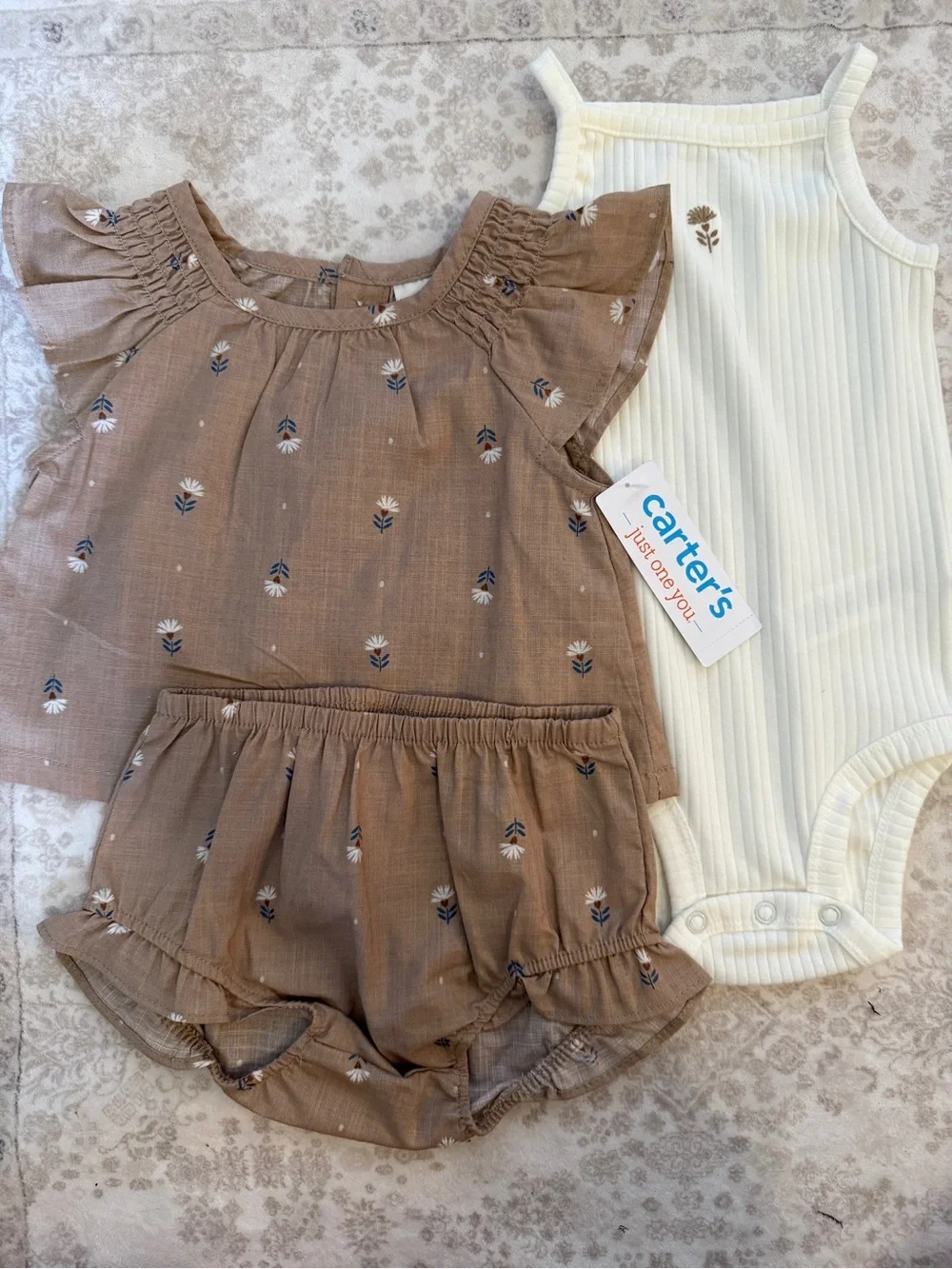 Carter's Baby Brown Floral Two-Piece Set with Cream Bodysuit 3 Piece Set